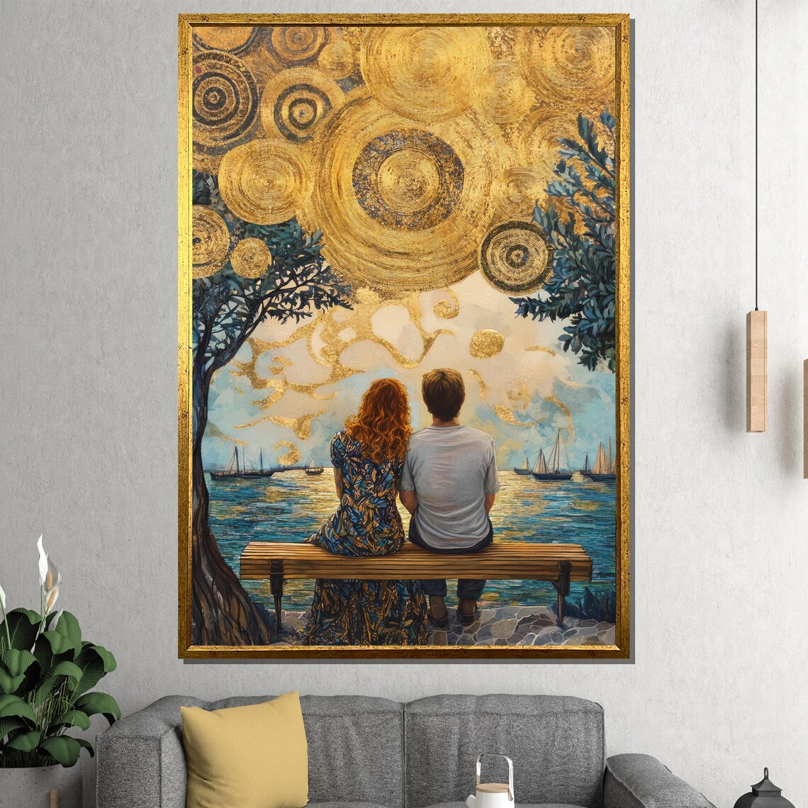Golden Sunset Couple On Bench Watching Sailboats Sky Art Poster