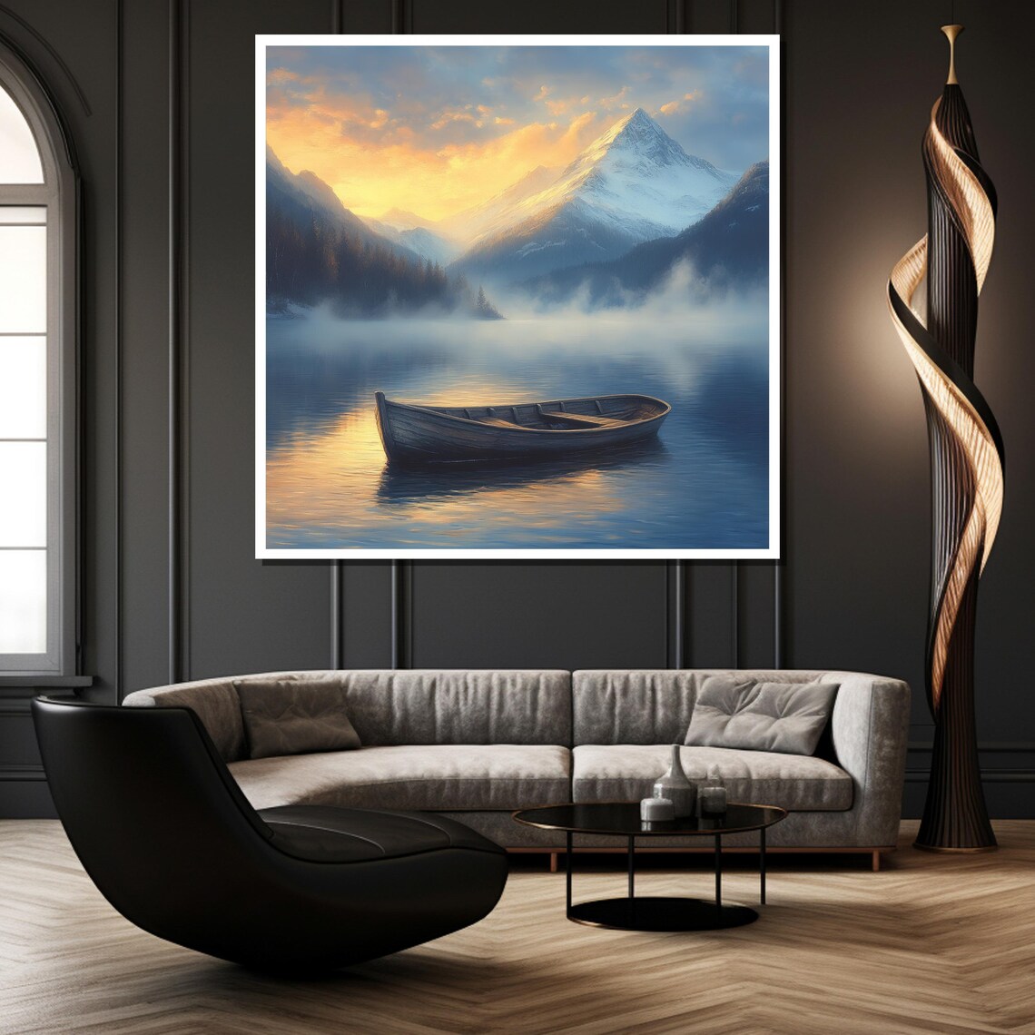 Lone Wooden Rowboat On Misty Mountain Lake At Sunrise Art Poster - Image 2