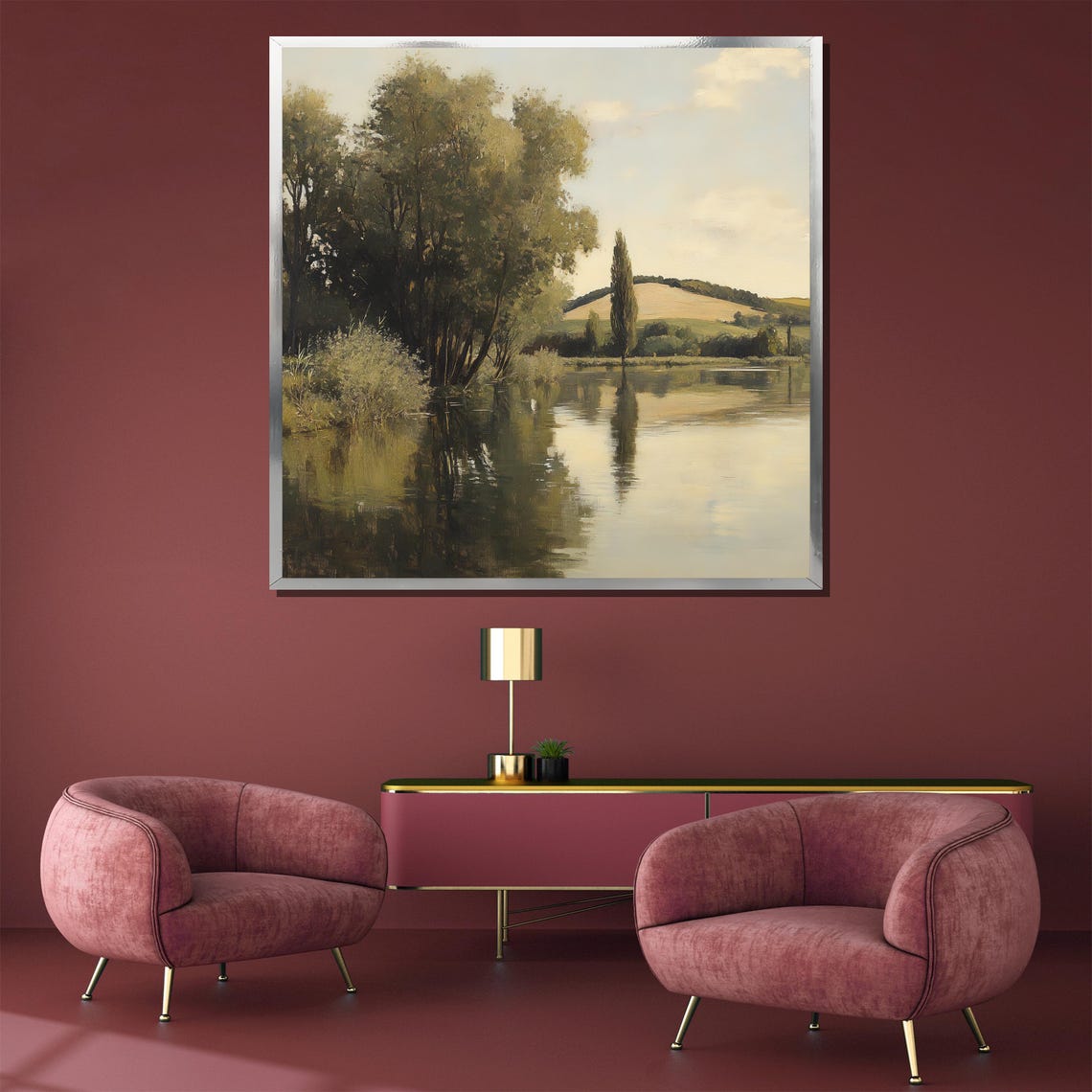 Serene Lakeside Reflections Vintage Landscape Painting Art Poster - Image 3