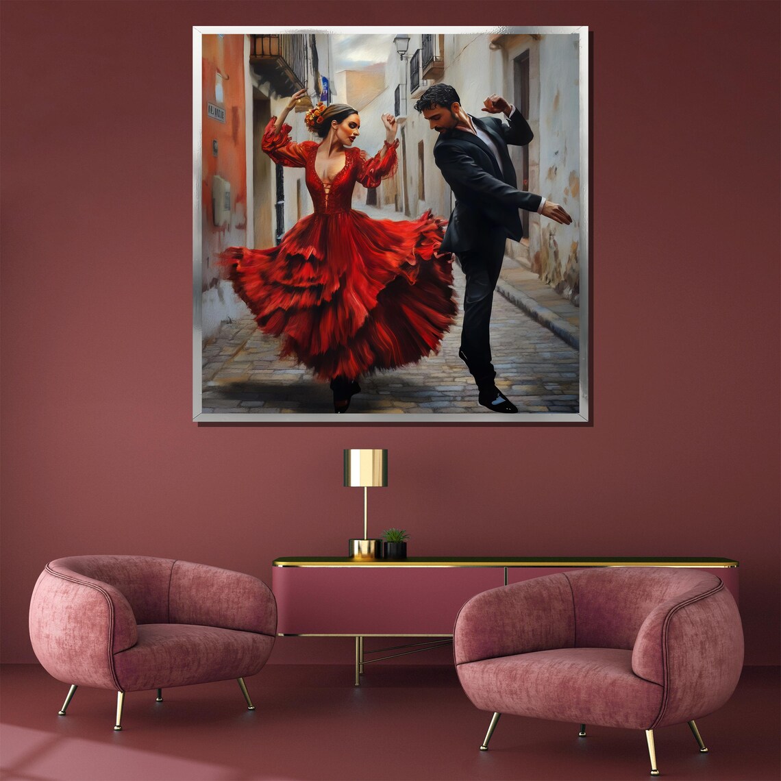Passionate Flamenco Couple Dancing in a Cobblestone Alley Poster - Image 3