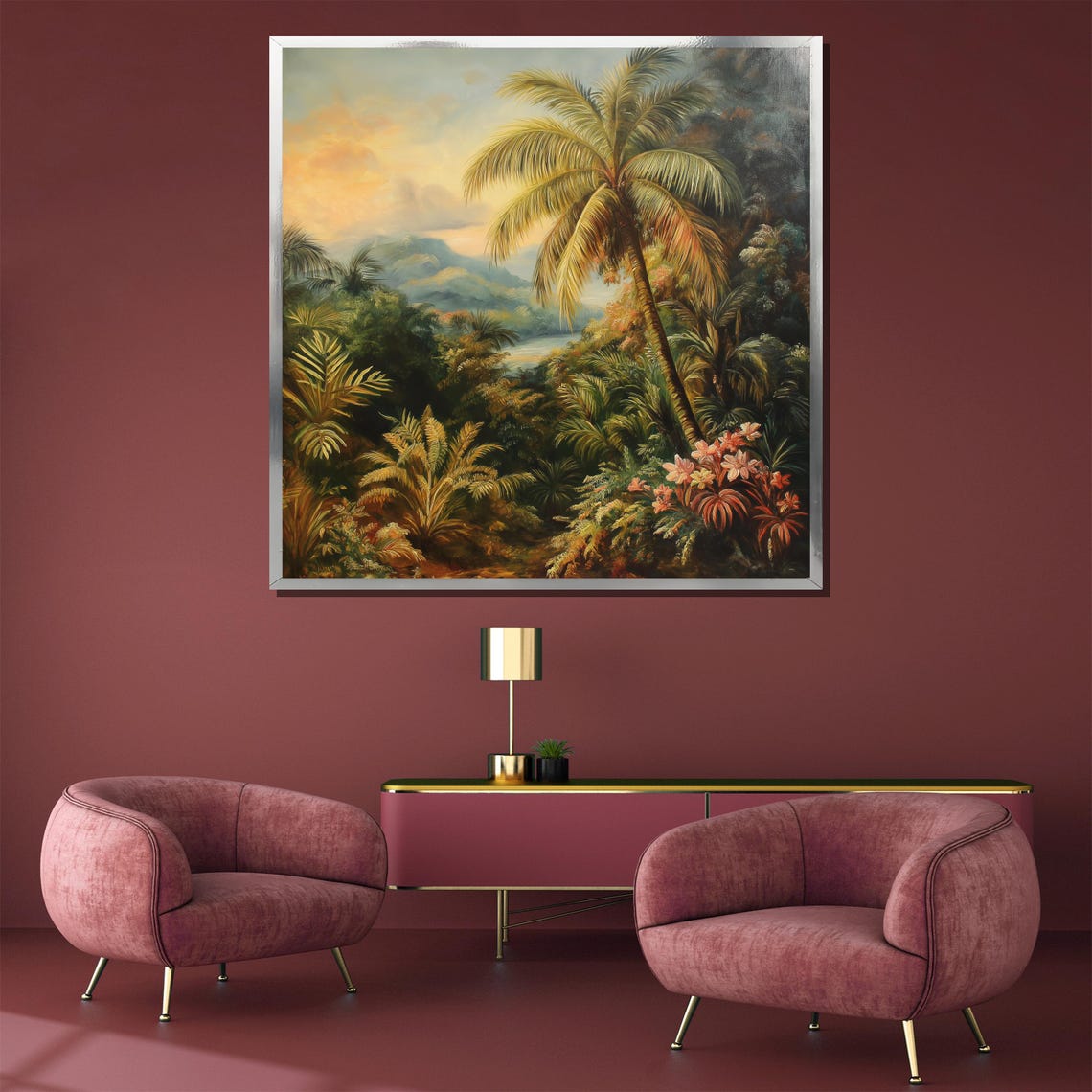 Lush Tropical Jungle Palm Trees and Misty Mountains Artwork Poster - Image 4