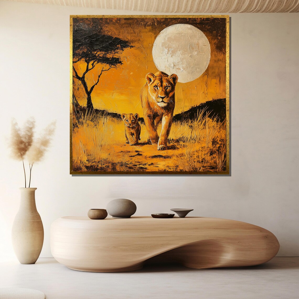 Lioness and Cub Walking Together Under a Golden Moon Savanna Poster