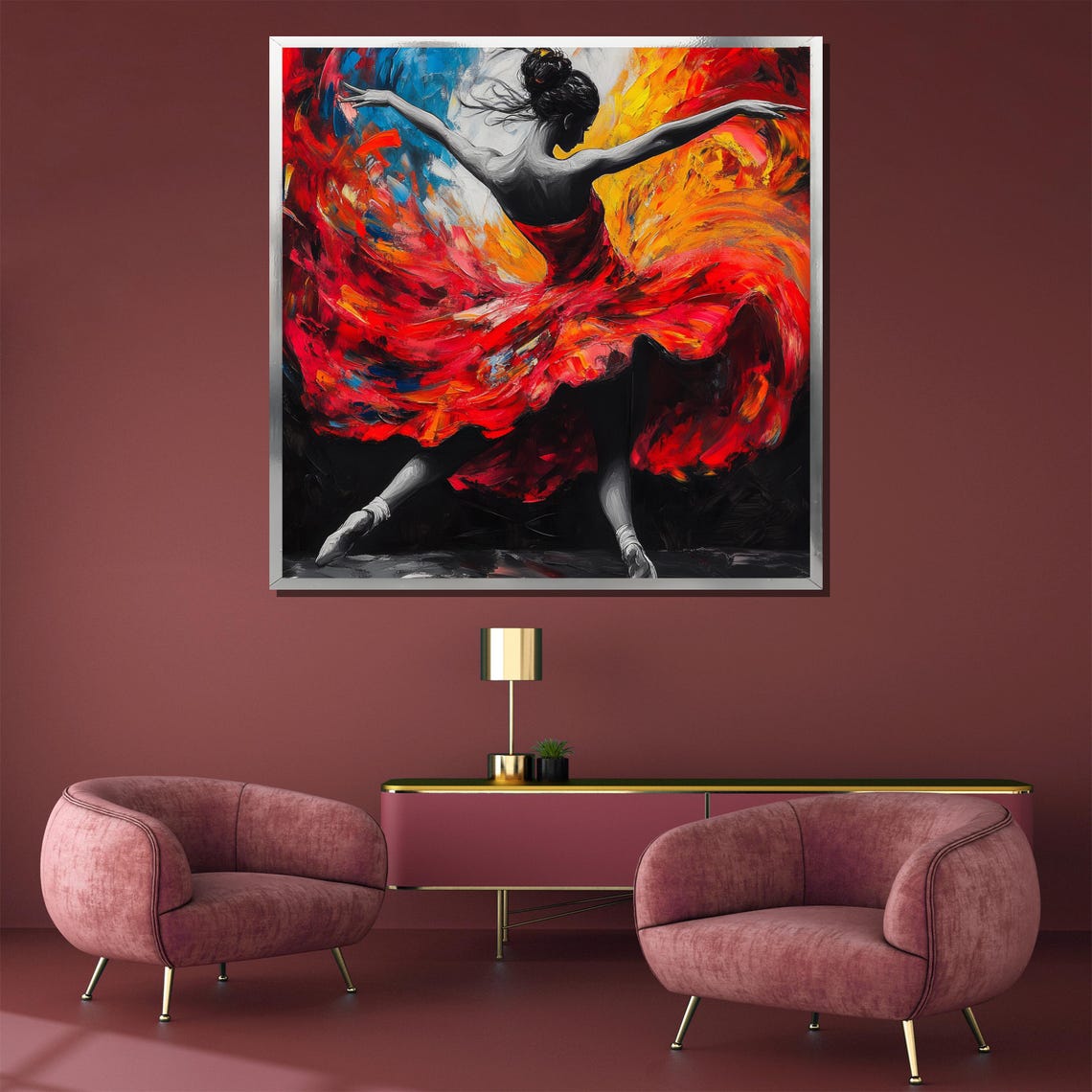 Fiery Dancer in Swirling Red Gown Bold Expressionist Brushwork Poster - Image 3