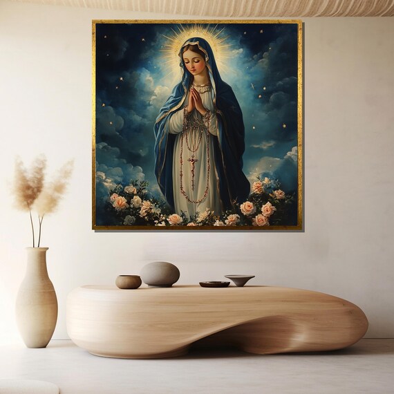 Praying Virgin Mary Rosary Starry Night Roses Religious Poster