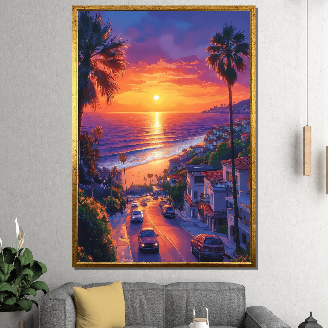 Coastal Beach Town Sunset Street With Palm Trees Ocean Art Poster
