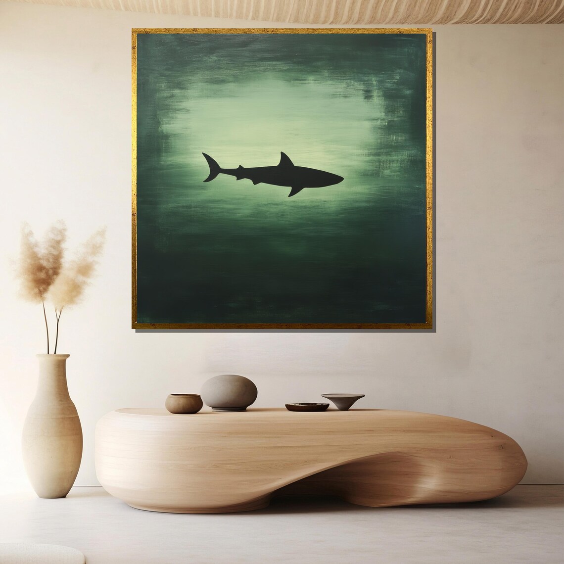 Minimalist Shark Silhouette in a Soft Green Ocean Wash Poster