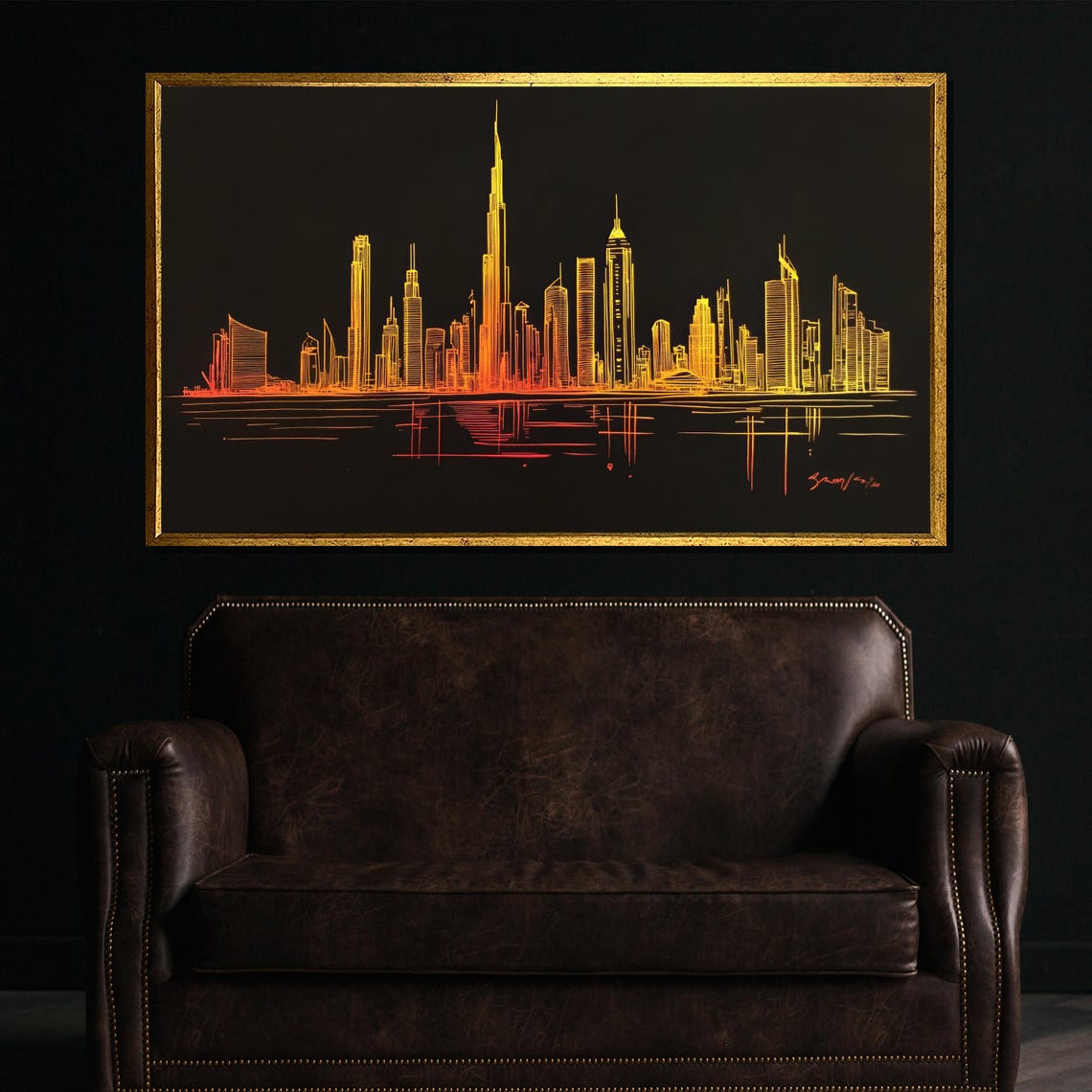 Golden Skyline Line Art Modern City Night Urban Scene Poster