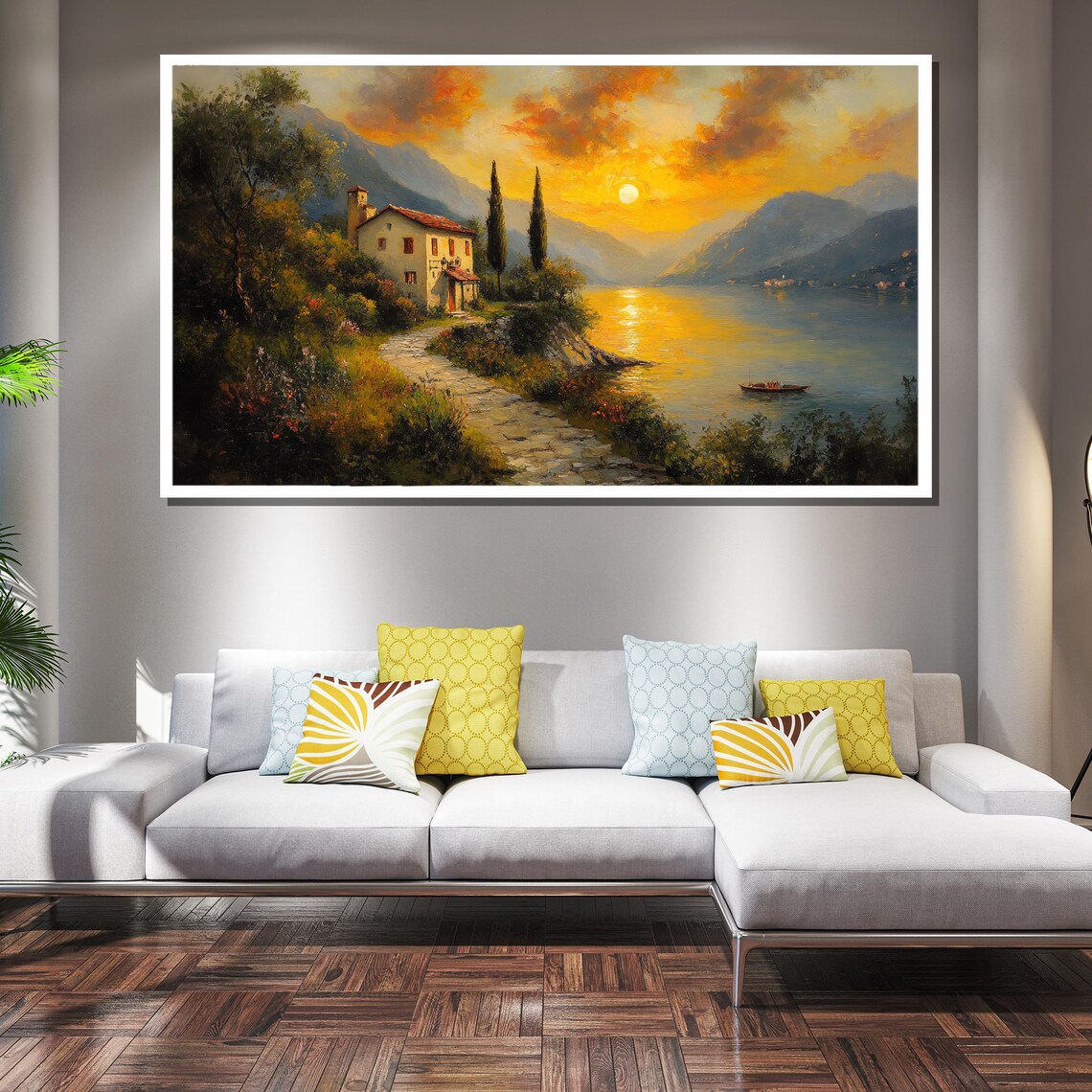 Italian Lakeside Villa At Golden Sunset With Cypress Art Poster - Image 2