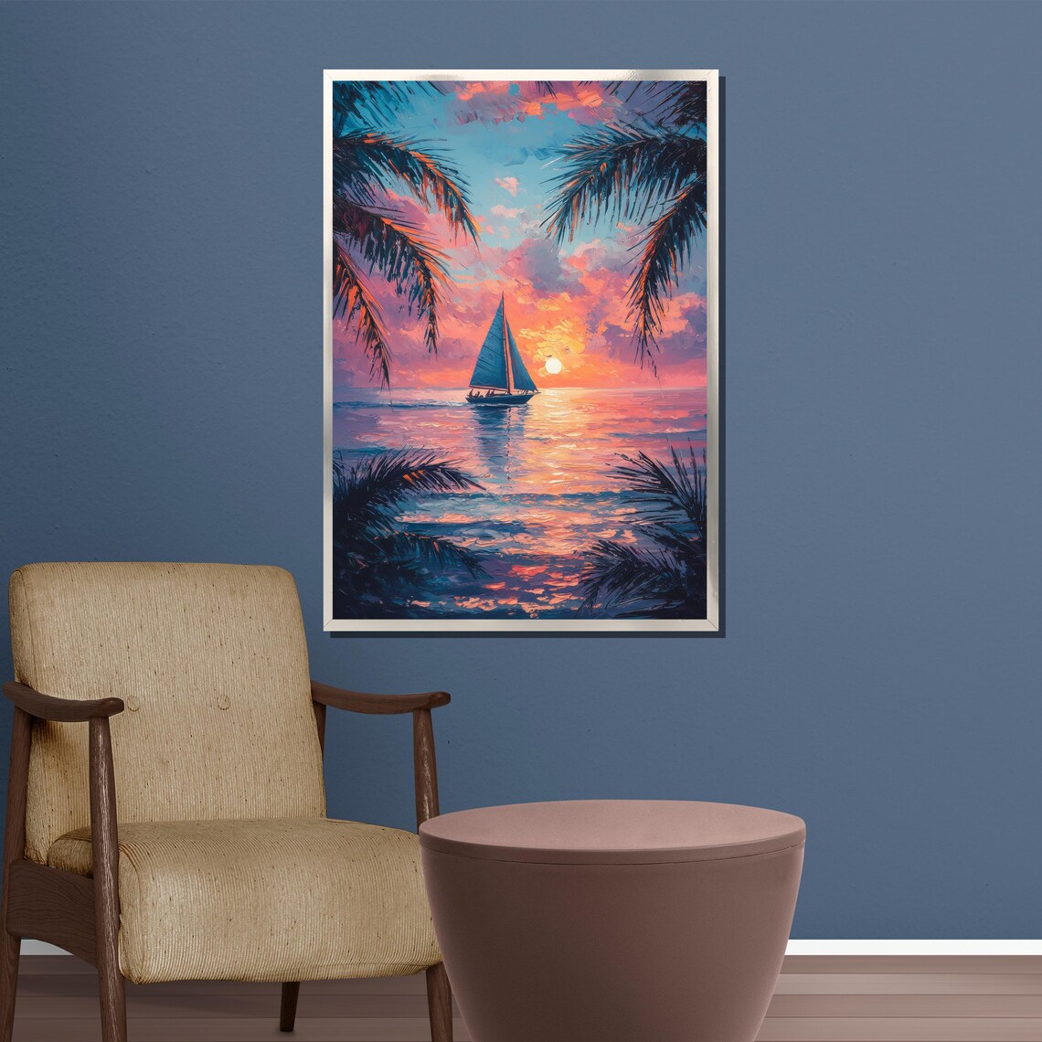 Tropical Sunset Sailboat Framed By Palm Fronds Ocean Art Poster - Image 3