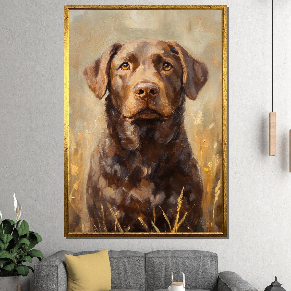 Chocolate Labrador Dog Portrait in Warm Golden Tones Art Poster