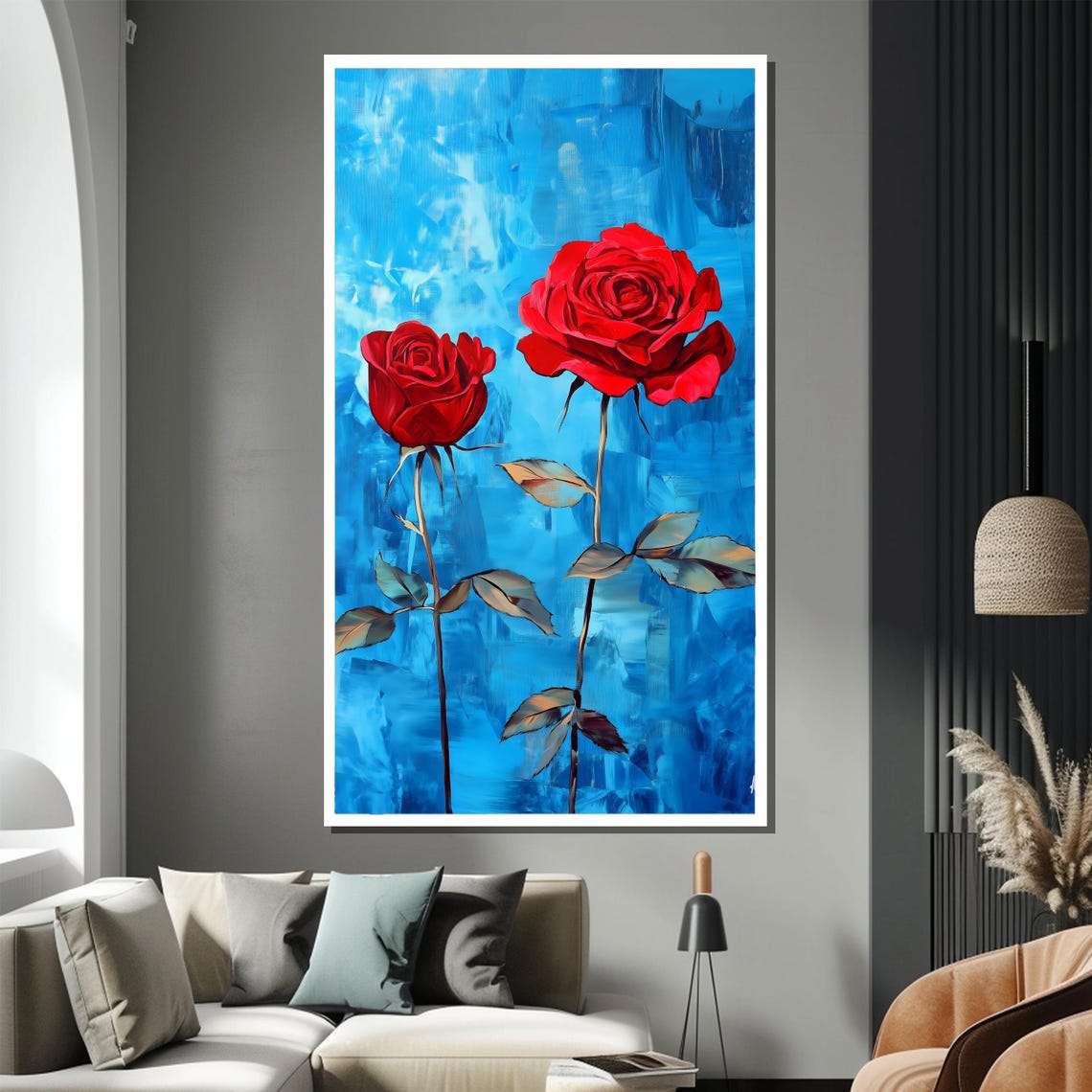 Two Tall Red Roses On Vivid Blue Painterly Floral Art Poster - Image 2