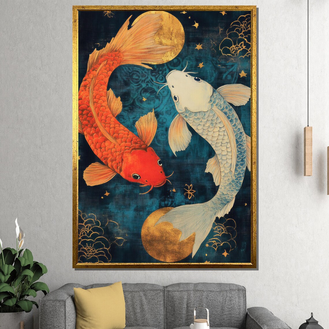 Two Koi Fish in Yin Yang Formation with Golden Moons Art Poster