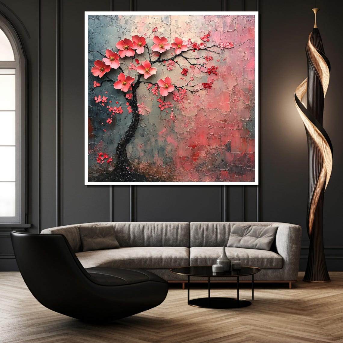 Pink Cherry Blossom Tree 3D Impasto Textured Floral Art Poster - Image 2