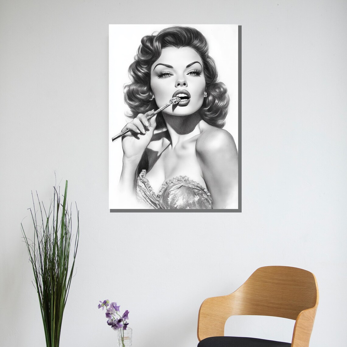 Retro Pin Up Woman Portrait With Cigarette Holder Black White Poster - Image 2