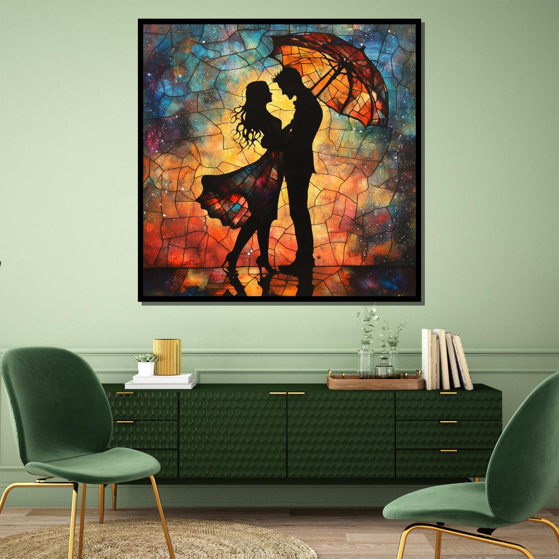 Romantic Lovers Under an Umbrella in Stained Glass Colors Poster - Image 4