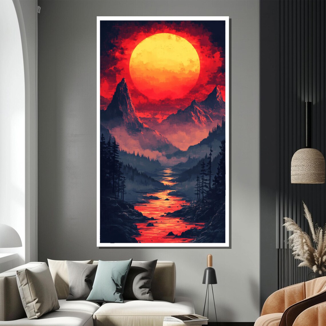 Red Sun Mountain Landscape, Dramatic Sunset Scene - Image 2
