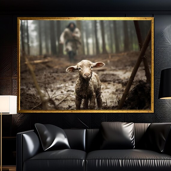 Muddy Lamb in Forest Path Shepherd Behind Christian Art Poster