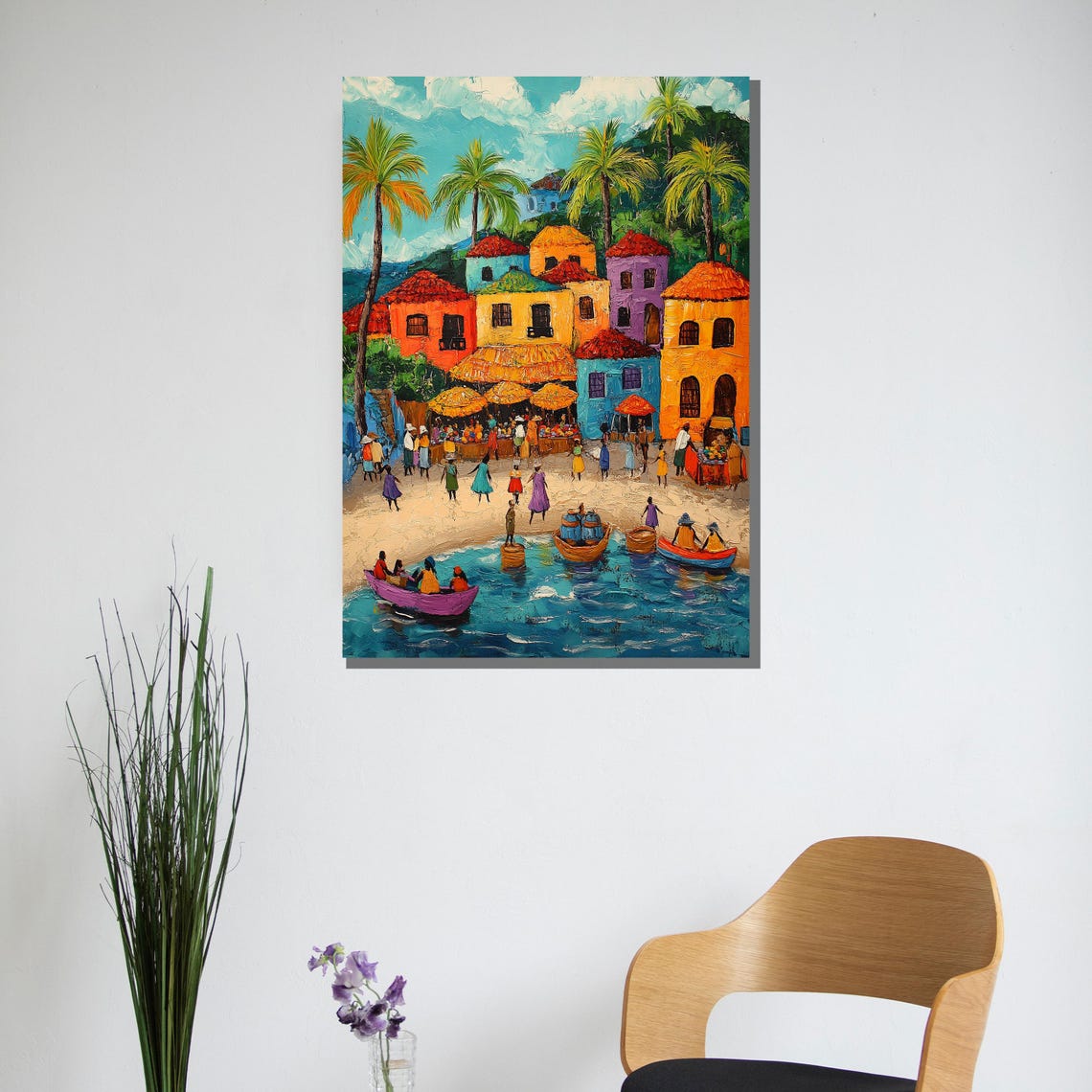 Colorful Caribbean Coastal Village Boats Beach Market Poster - Image 2