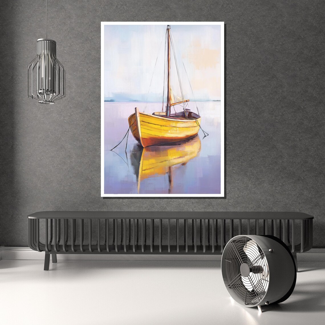 Bright Yellow Wooden Boat Calm Water Mirror Reflection Poster - Image 2