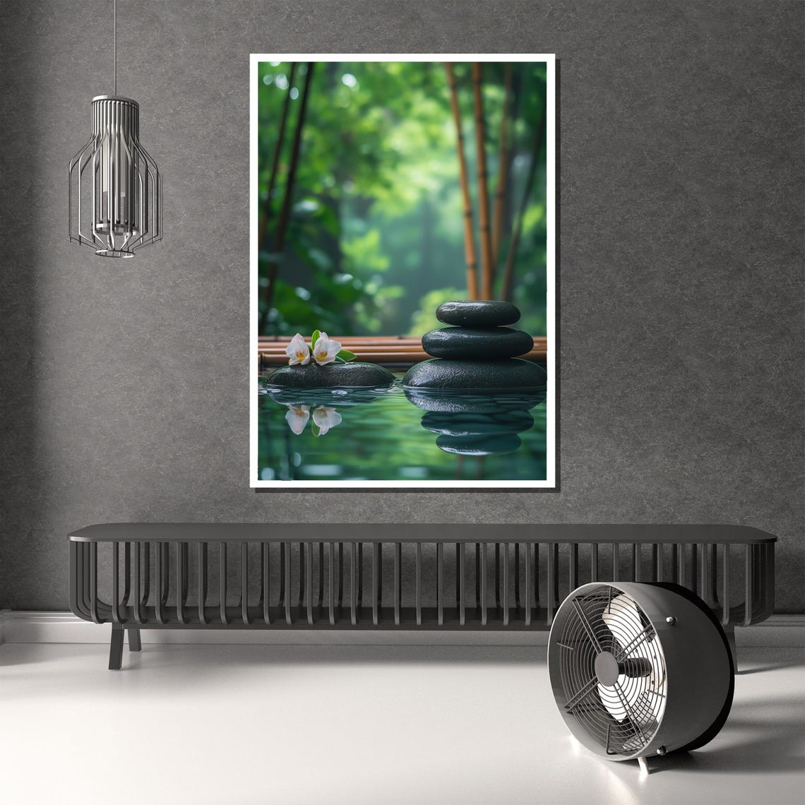 Tranquil Zen Garden Stones and Bamboo Water Reflection Poster - Image 3