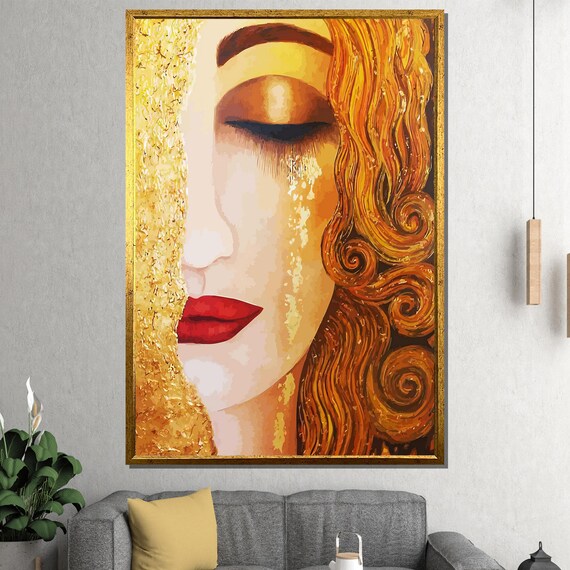 Golden Woman Art Nouveau Portrait With Red Lips Klimt Style Poster