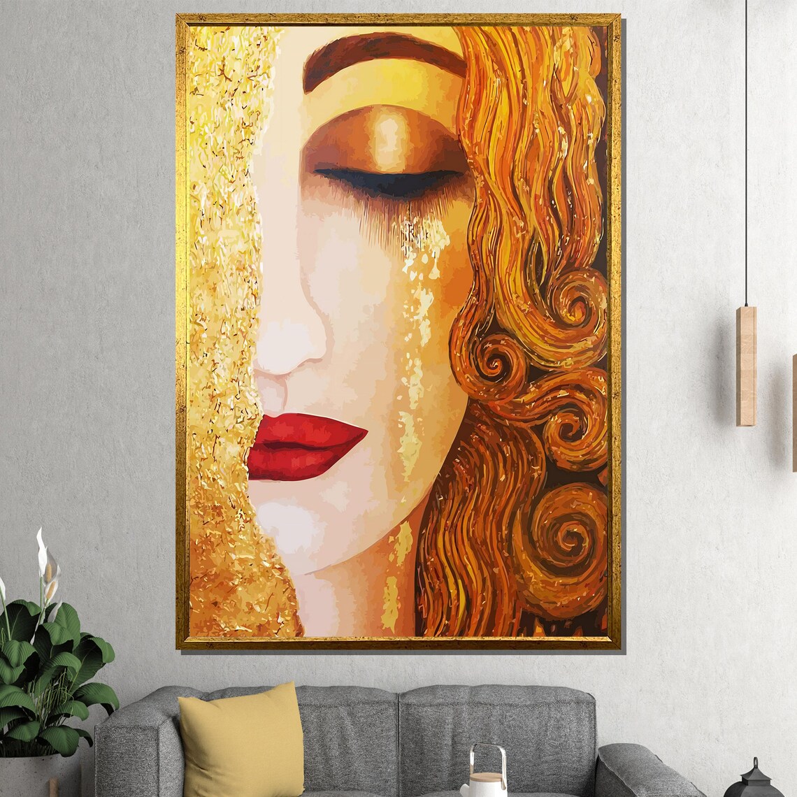 Golden Woman Art Nouveau Portrait With Red Lips Klimt Style Poster