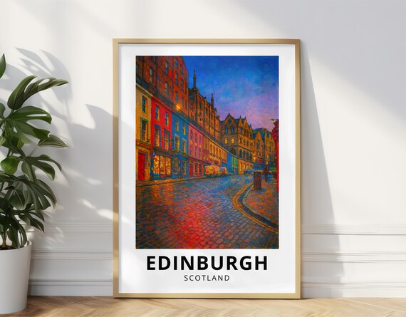 Edinburgh Scotland Travel Poster Colorful Old Town Street Wall Art Print Vintage Cityscape Decor Royal Mile Gift Oil Paint