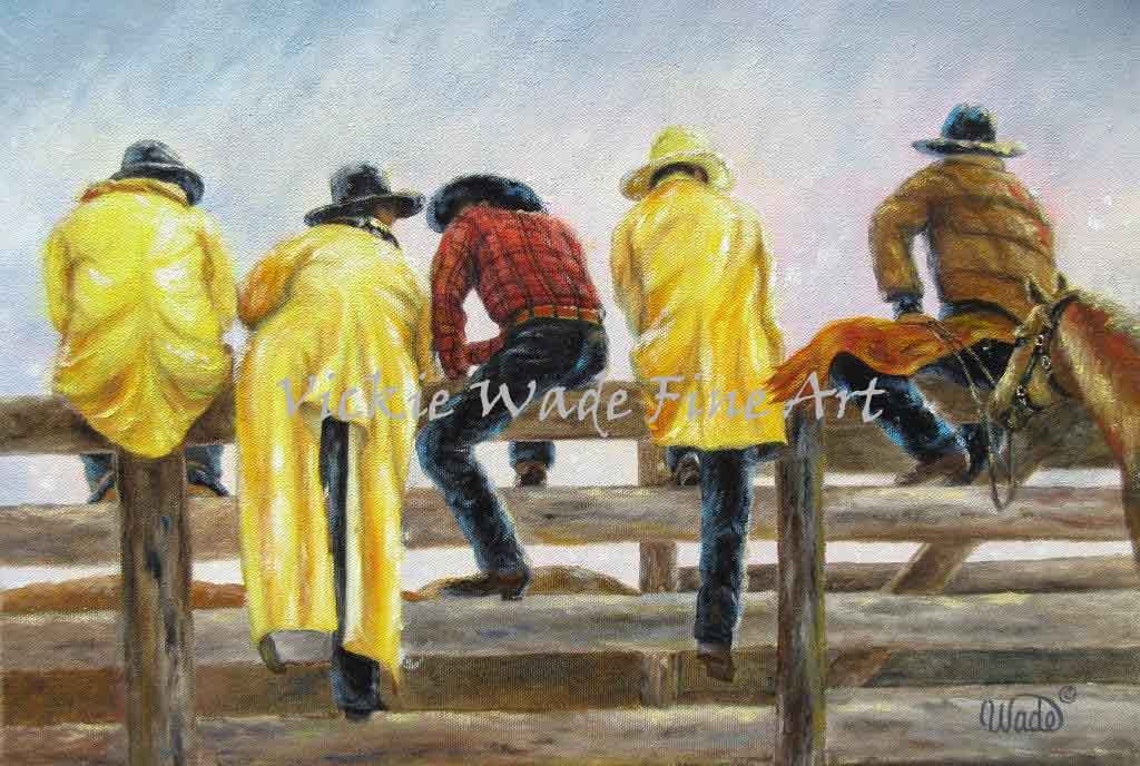 Five Cowboys in Yellow Rain Slickers Resting on the Fence Poster