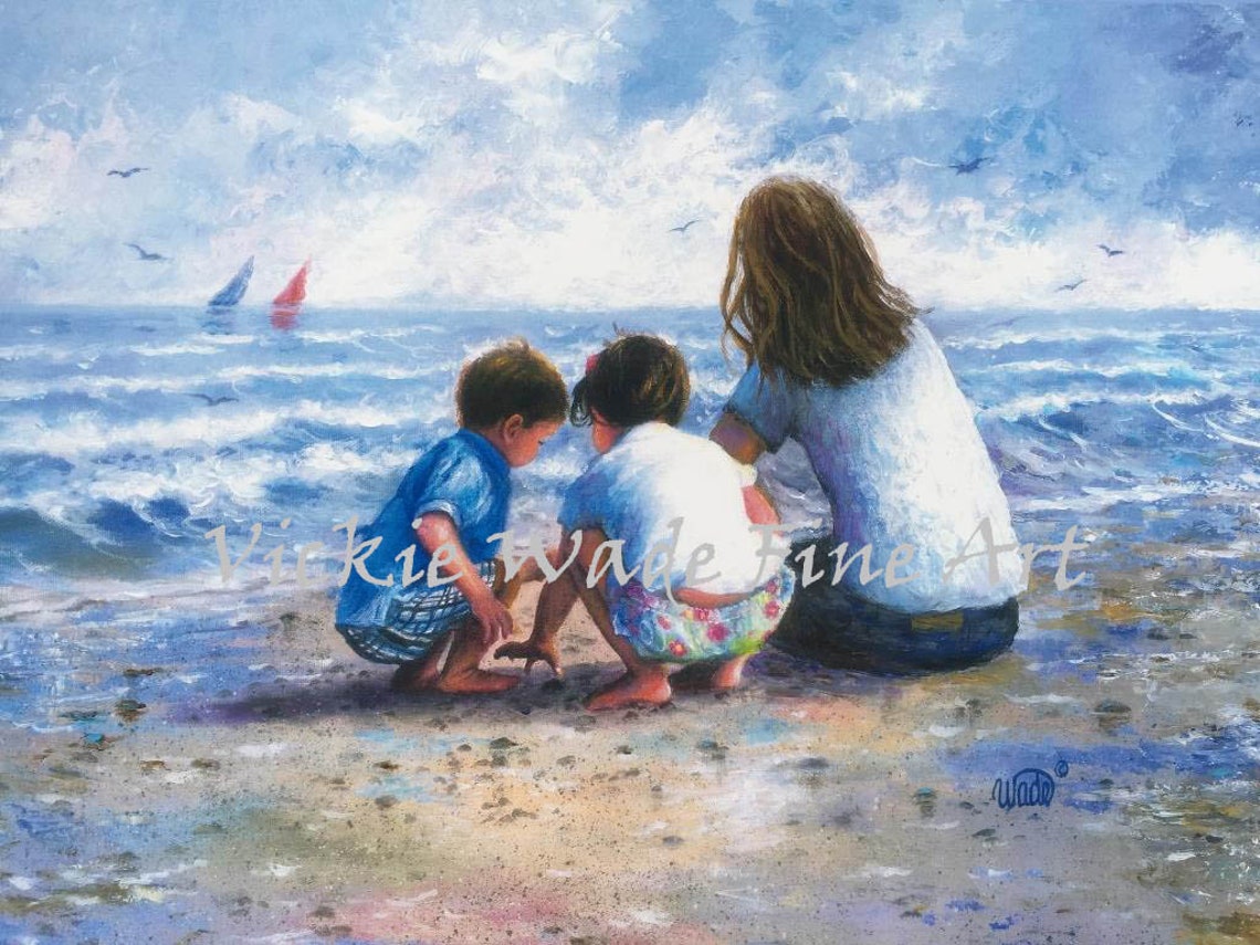 Loving Mother Watching Her Two Children Play on the Beach Poster
