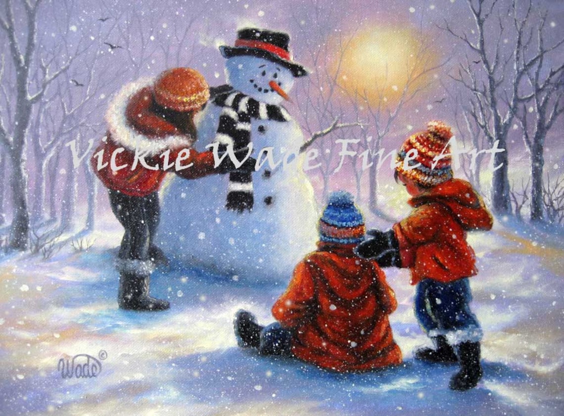 Three Children Building a Snowman in the Winter Woods Poster