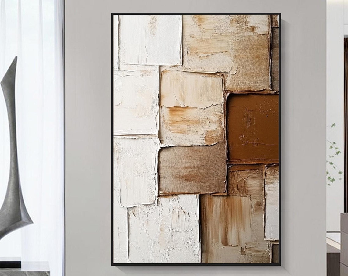 Patchwork Blocks Abstract Cream Tan Brown Textured Canvas Style Poster