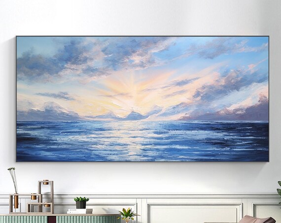 Ocean Sunrise With Radiant Clouds Blue Seascape Painting Poster