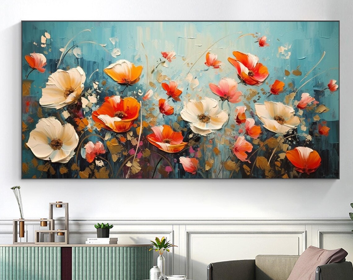 Orange Red Poppy Wildflowers On Teal Blue Wide Painting Poster