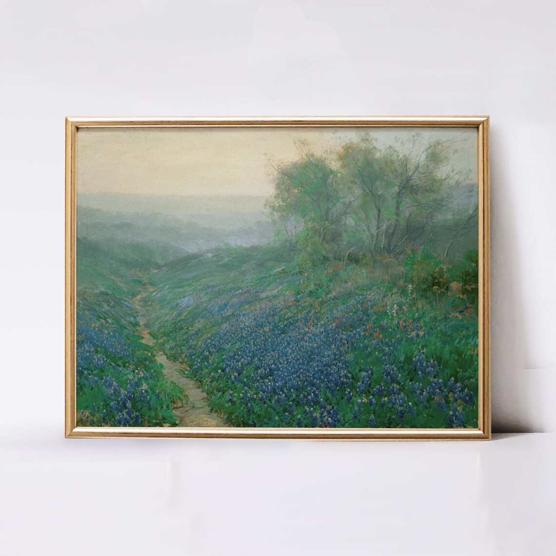Blue Wildflower Hillside at Dusk Vintage Landscape Oil Painting Print - Image 2