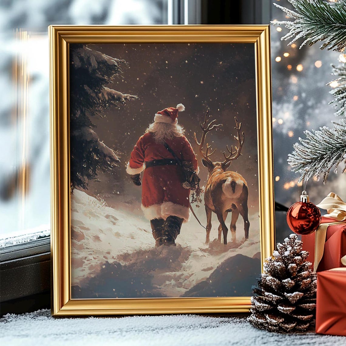 Santa Claus Reindeer Art Vintage Christmas Wall Art Antique Santa Painting Winter Holiday Wall Decor Christmas Santa Print - Image 2