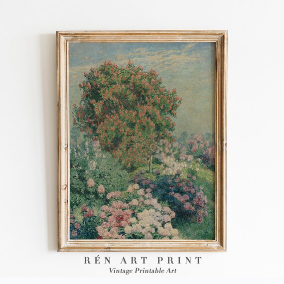 Impressionist Blossoming Pink Tree Garden Spring Flowers Vintage Art Poster