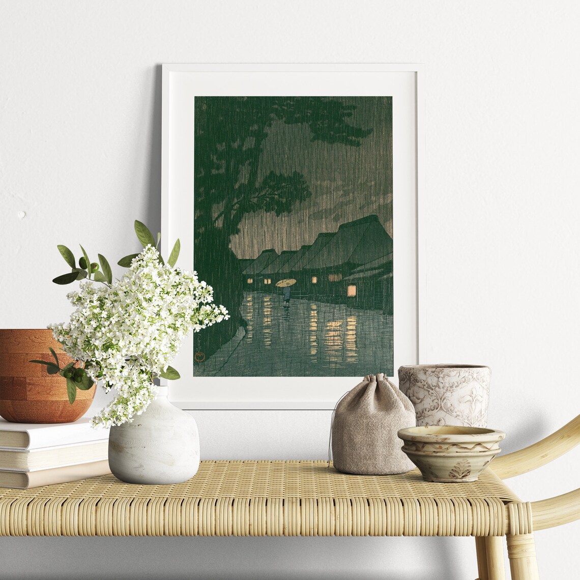 Japanese Woodblock Rainy Night Village Street Vintage Wall Art - Image 2