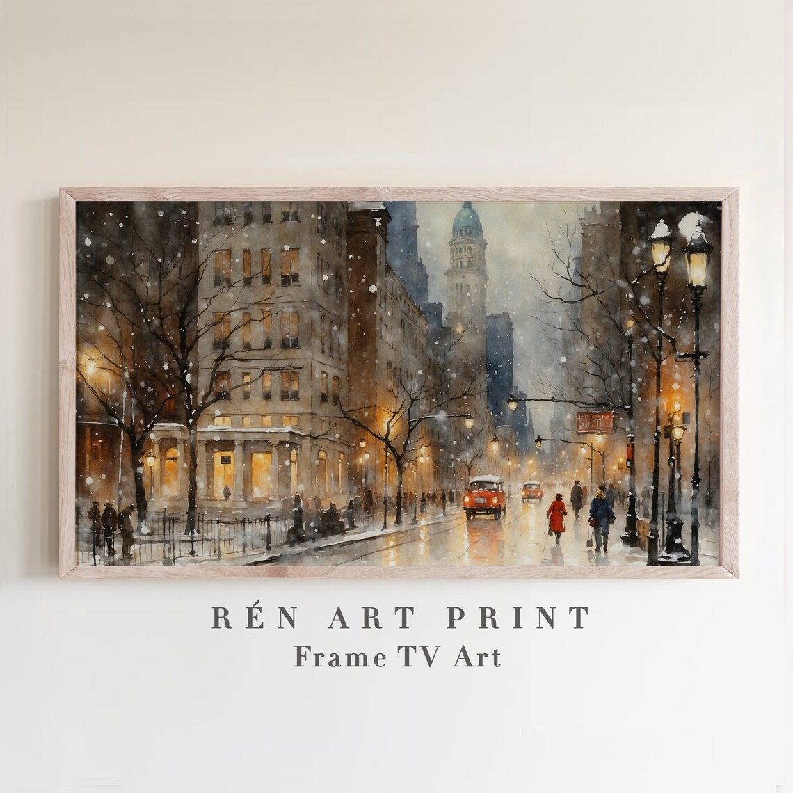 Snowy City Street at Night with Vintage Cars Winter Frame TV Poster