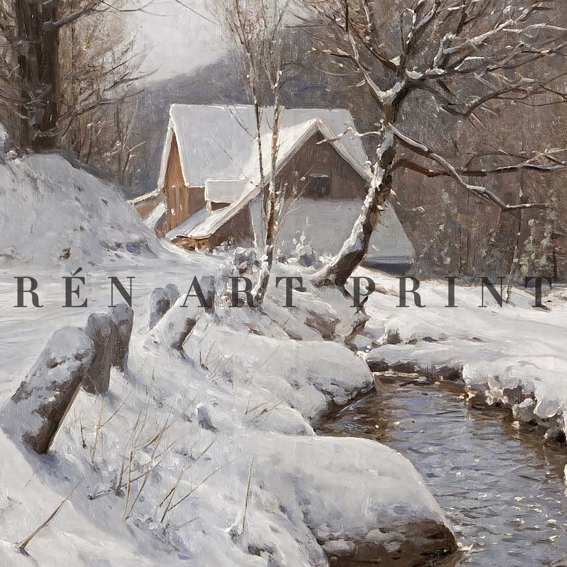 Snowy Cabin by Winter Stream Vintage Christmas Landscape Art Print - Image 3