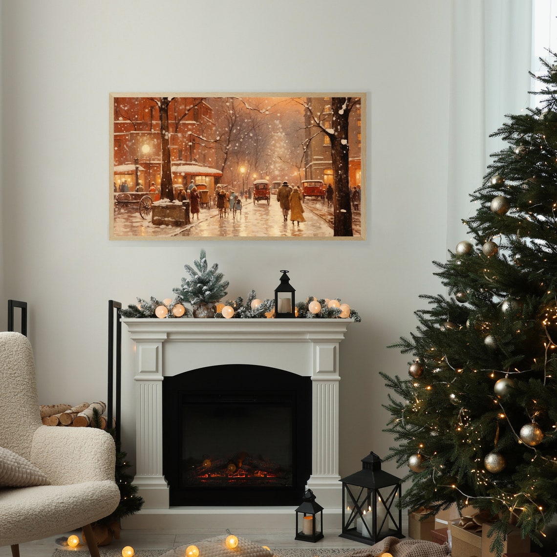 Frame Tv Art Vintage Winter For Tv Art Snowy Cityscape Painting Farmhouse Holiday Christmas Frame Tv Art - Image 2