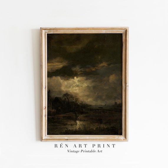 Dark Moody Vintage Landscape Moonlit River Old Masters Style Poster