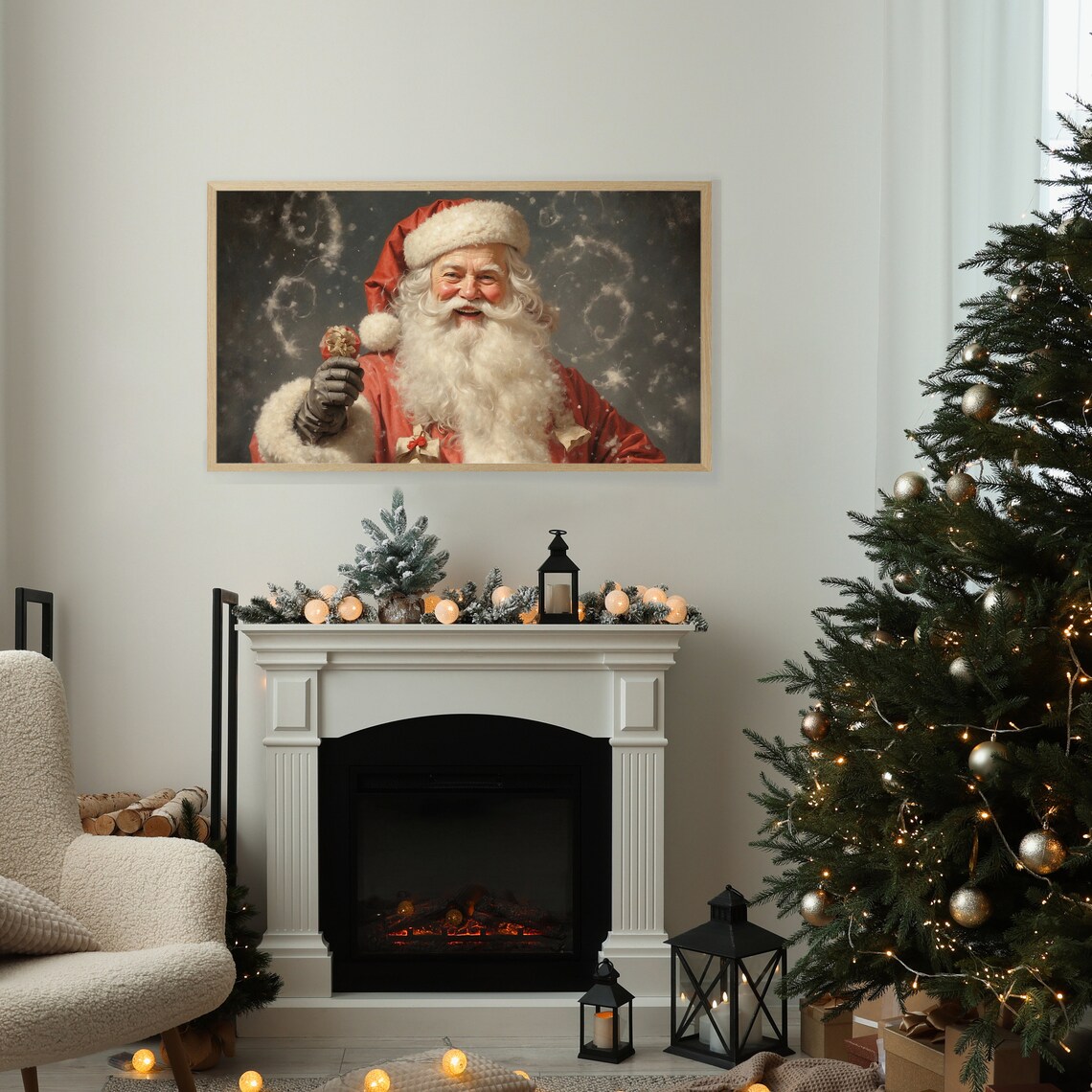 Smiling Santa Claus Holding Ornament Vintage Christmas Art Print - Image 2