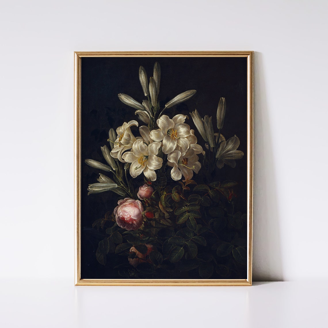 White Lilies Pink Roses Dark Floral Still Life Vintage Print - Image 2