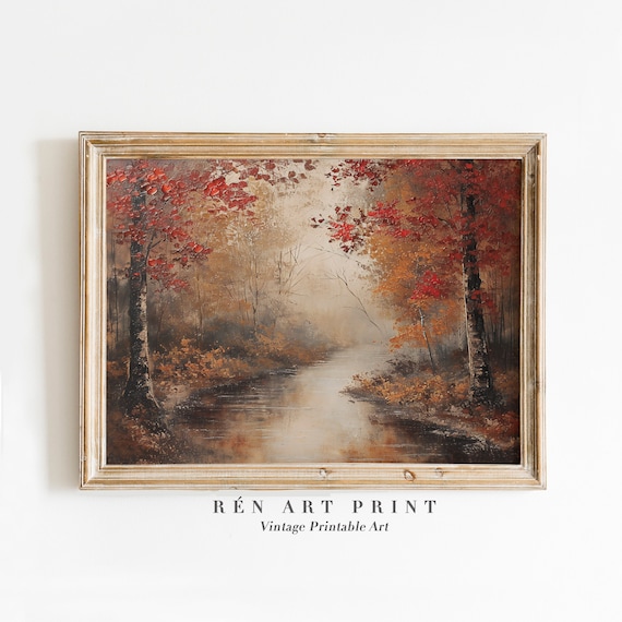 Autumn Landscape Painting, Vintage Fall Farmhouse Art