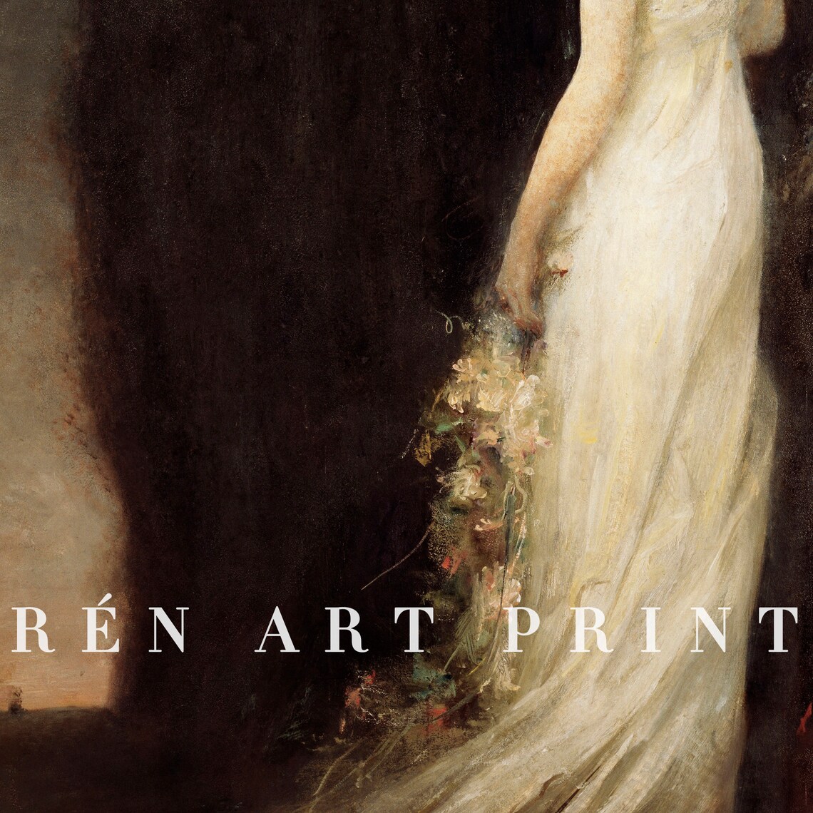 Moody Woman Dark Academia Antique Portrait White Dress Flowers Poster - Image 3