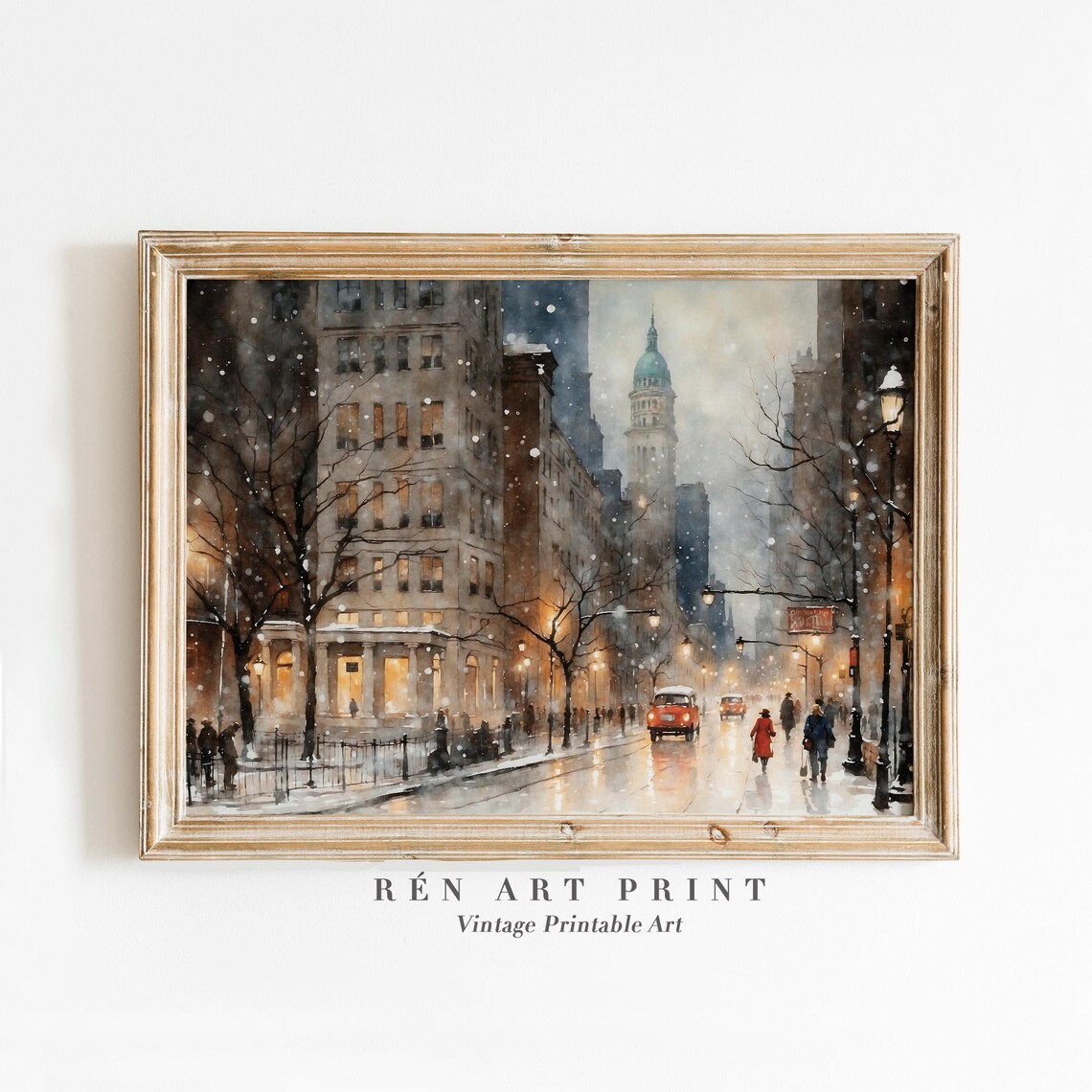 Vintage Winter City Street with Snow Lights and Cars Holiday Poster