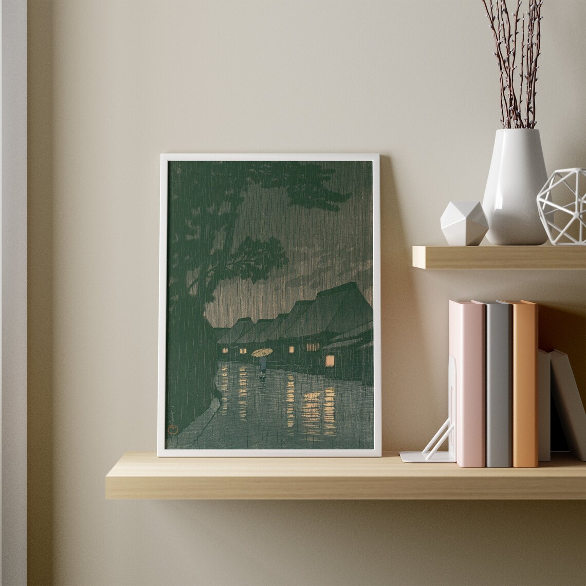Japanese Woodblock Rainy Night Village Street Vintage Wall Art - Image 3