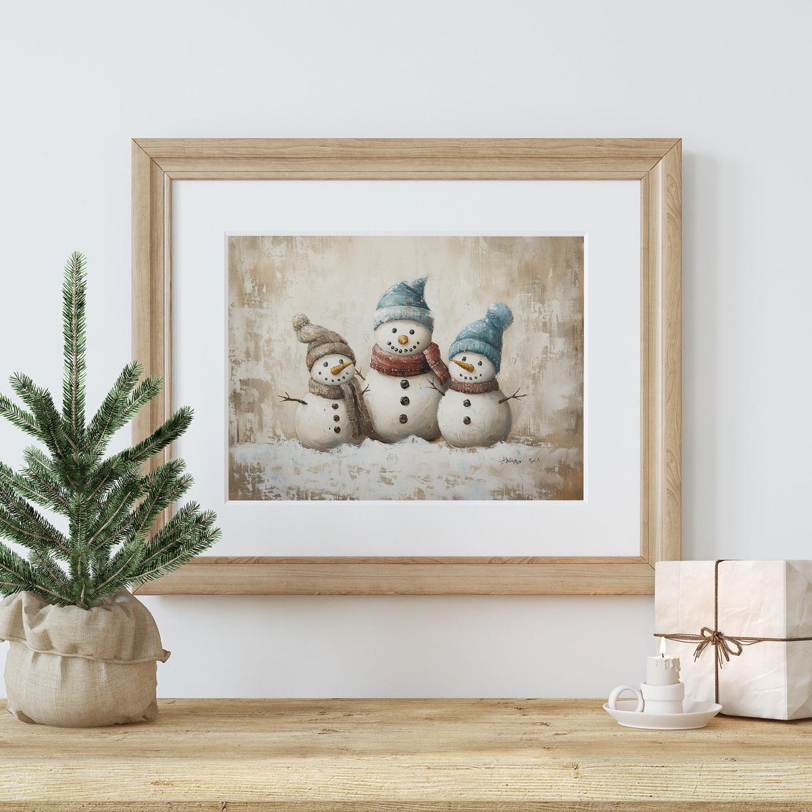 Three Happy Snowmen Christmas Painting Vintage Holiday Art Print - Image 2