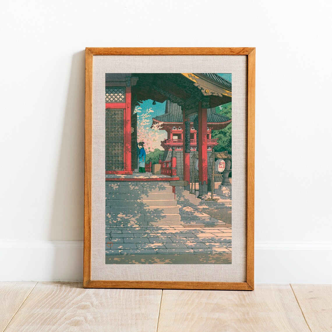 Japanese Temple Red Pagoda Cherry Blossom Woodblock Style Art Print - Image 2
