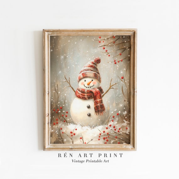 Vintage Snowman Painting Art Print, Nursery Holiday Decor